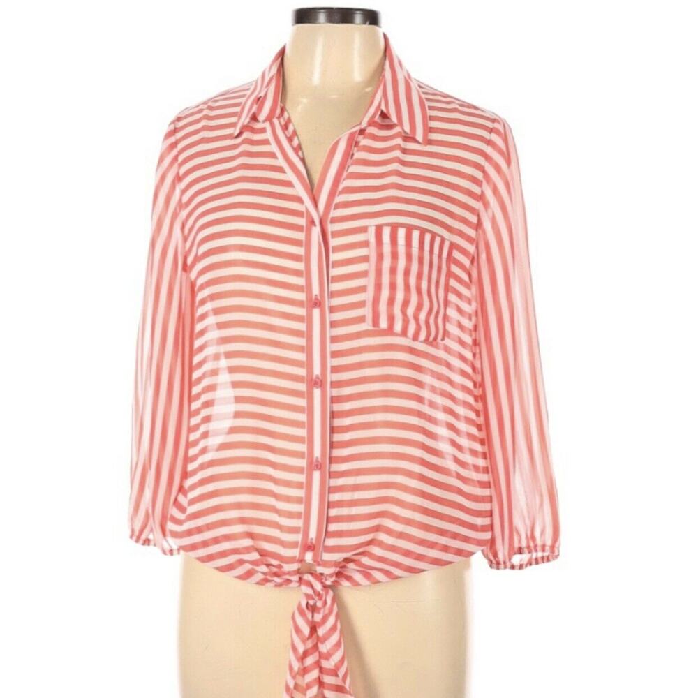Pleione Tie Front Top Orange & White Sheer Size L